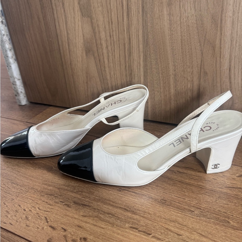 Chanel White and Black Slingback Heels